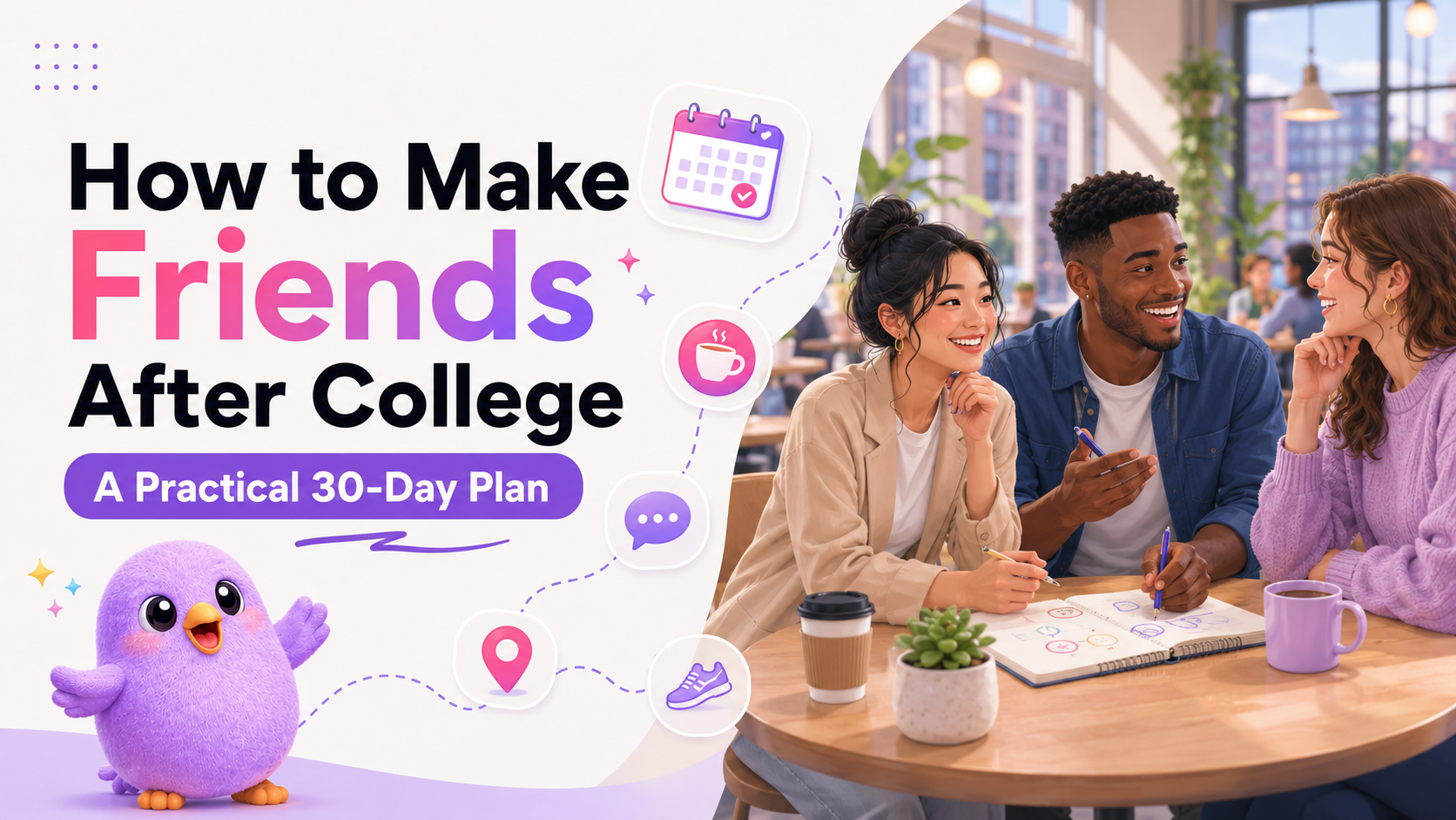 Three friends talking in a café with a practical 30-day friendship plan