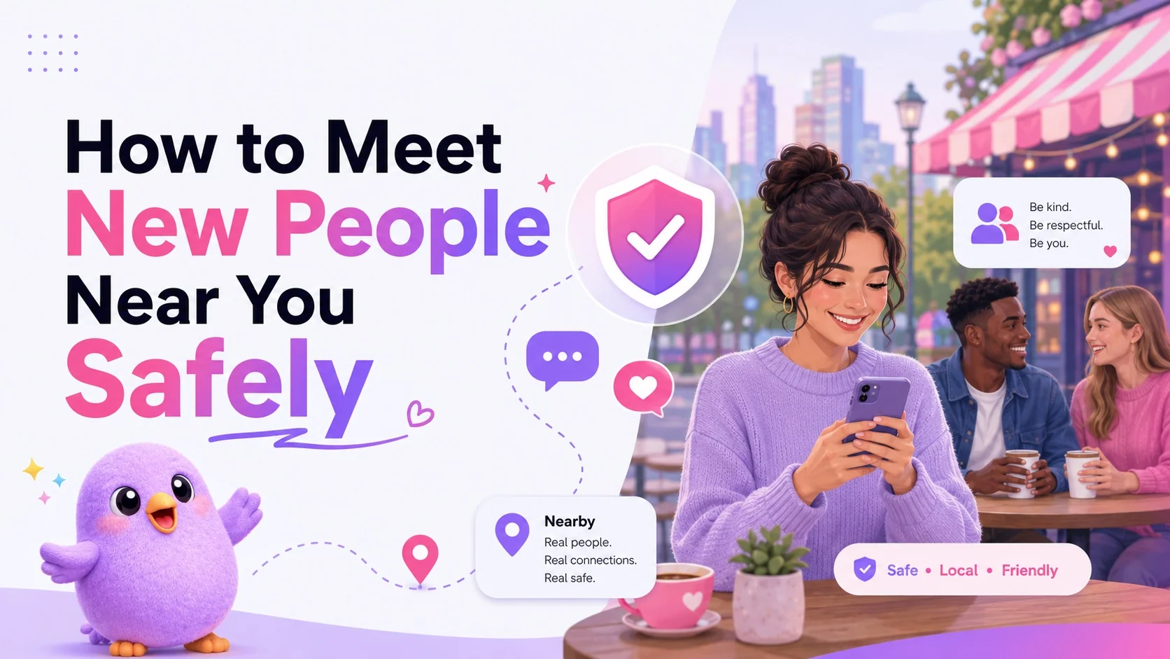 Two new friends meeting safely at a public café after connecting through a social discovery app
